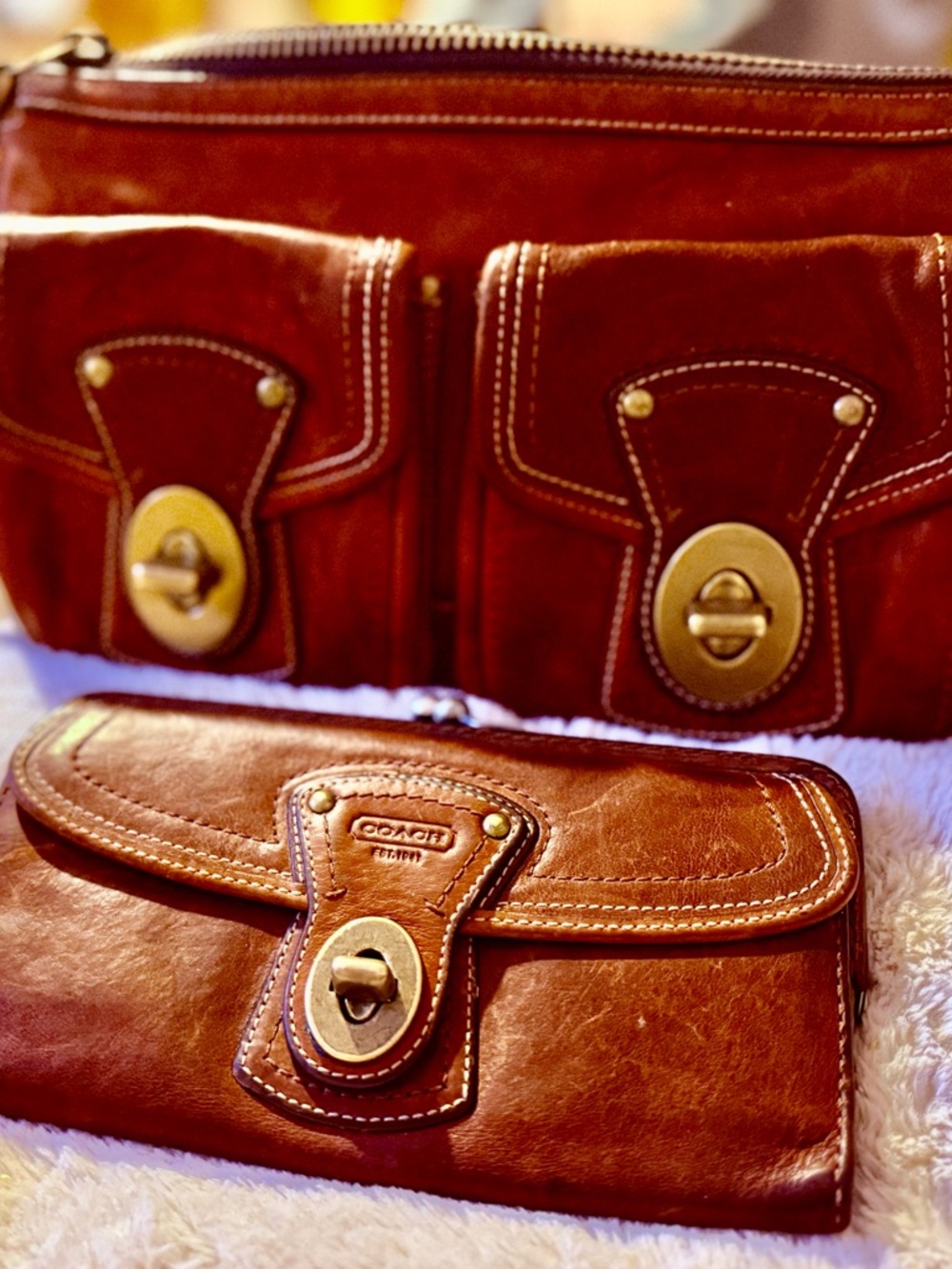 Coach Brown Leather bag, and matching Wallet Wristlet Set with Brass Hardware.